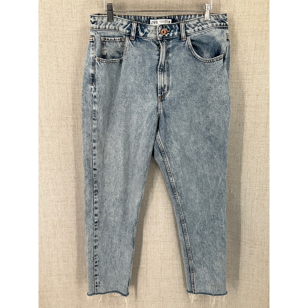 Zara Mom Jeans Women 12 Light Blue Acid Wash Raw Hem High Rise Tapered Y2K Boho
